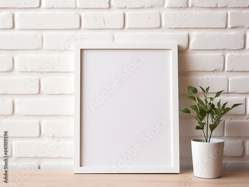 Maize wooden photo frame mockup leaning at white brick wall generative ai © tanjidvect