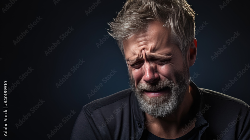 Fototapeta premium Depressed man in casual clothes crying on dark background