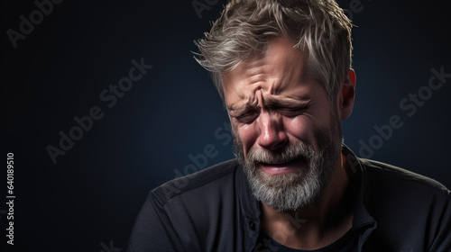 Depressed man in casual clothes crying on dark background © MP Studio