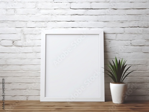 Maize wooden photo frame mockup leaning at white brick wall generative ai © tanjidvect