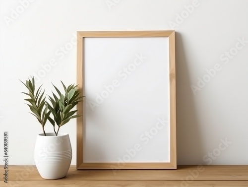 Maize wooden photo frame mockup leaning at white brick wall generative ai