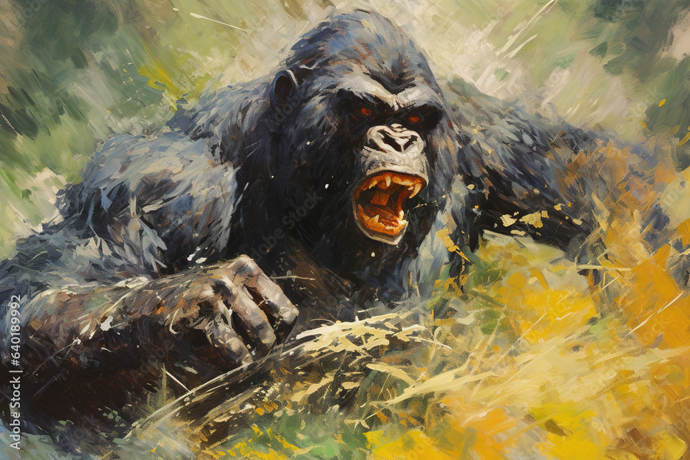 Beautiful painting of angry gorilla. Wildlife Animals. Illustration, Generative AI.
