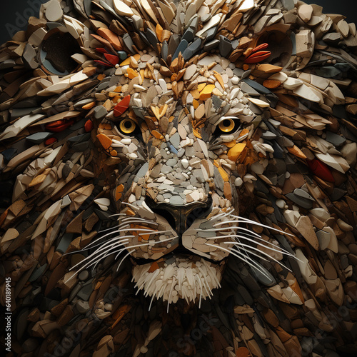 Image of lion face made with various stones gathered together. Wildlife Animals. Illustration, Generative AI.