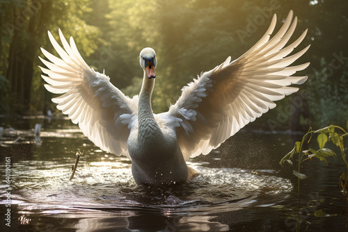 Fototapeta Naklejka Na Ścianę i Meble -  Image of white swan on the water in the swamp in the fertile forest. Nature. Illustration, Generative AI.