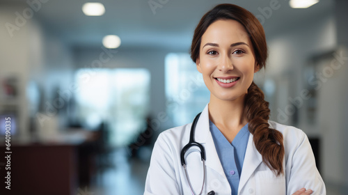 Portrait of beautiful woman doctor looking at camera at blurred hospital background.