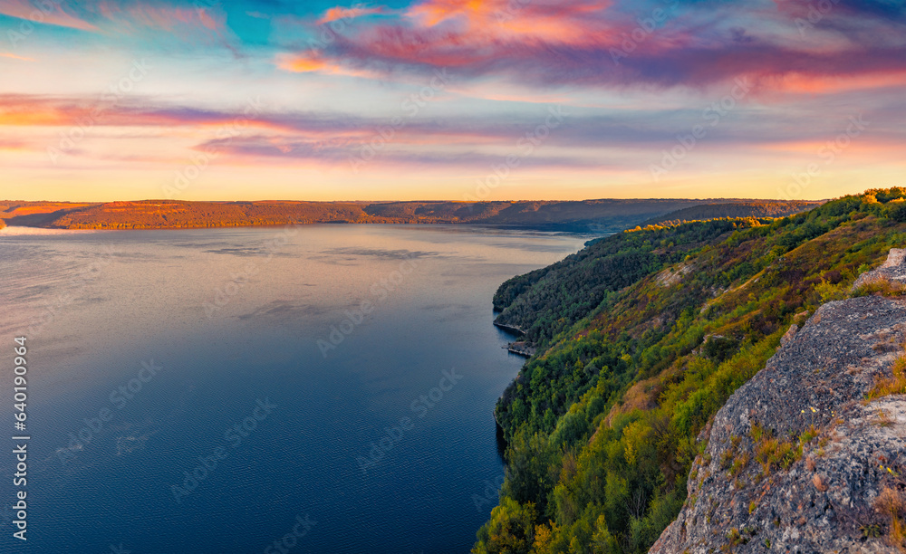 Exciting sunrise on Bakotska Bay. Colorful summer scene of Dnister river, Ukraine, Europe. Beauty of nature concept background.