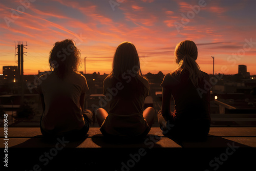 young friends sitting together on rooftop at sunset on background