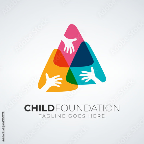 Childcare Foundation Logo design, hands in triangle icon, family care vector logo design template.