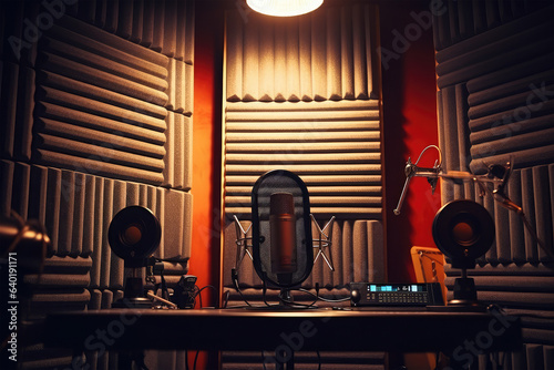 Sound and voice recording studio with nobody for podcast on background photo