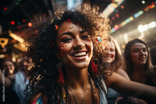 Cheerful brazilian woman laughing and dancing in the street. Brazil Carnaval festival and people in costume celebrating.