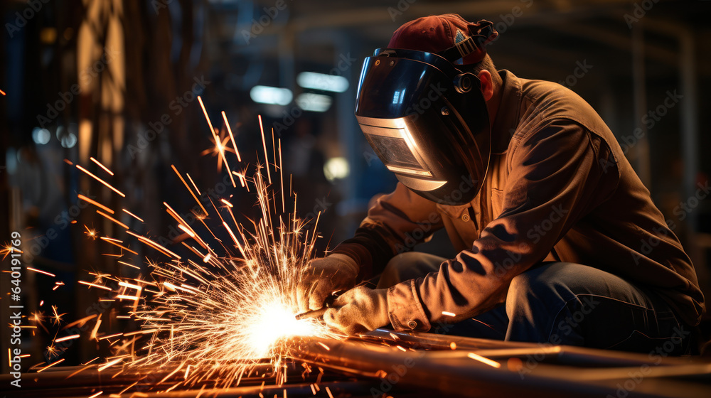 Welding work in a factory, a male welder welds steel