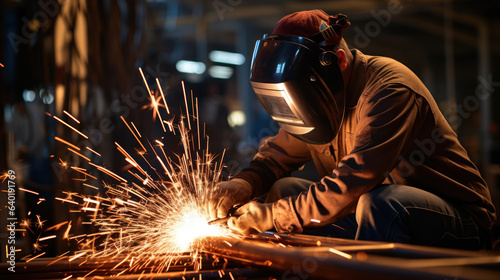 Welding work in a factory, a male welder welds steel © serz72