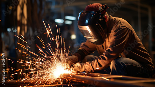 Welding work in a factory, a male welder welds steel