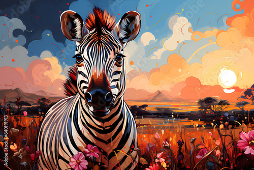 Portrait of a zebra in the savanna. Oil painting in the style of impressionism.