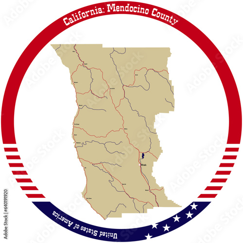 Map of Mendocino County in California, USA arranged in a circle.