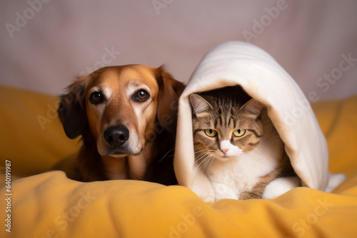 Dogs and cats sleep together wearing blankets