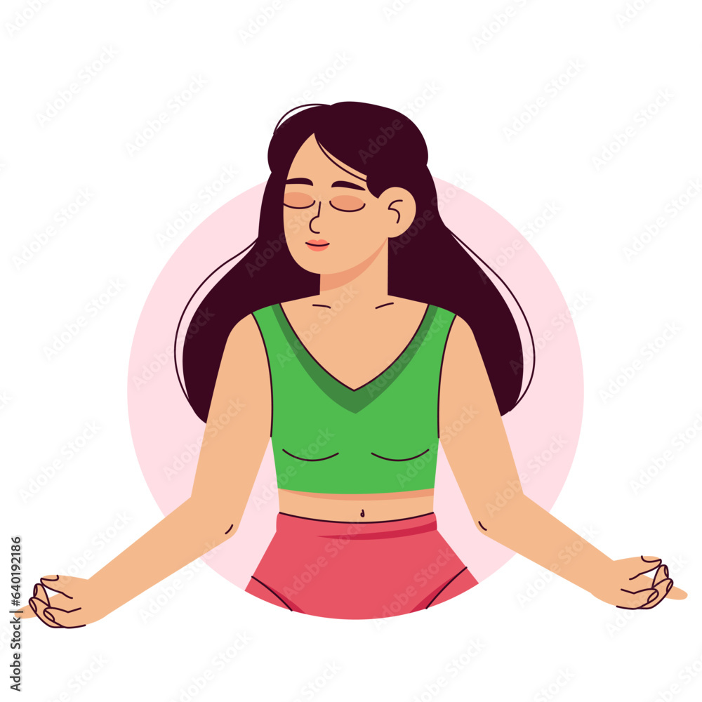 A woman meditates in the lotus position. Pilates, yoga and meditation. Relaxation and relaxation, inner peace and balance, a young girl takes care of her health. flat vector illustration