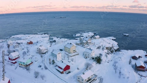 4k drone forward video (Ultra High Definition) of southernmost of Lofoten islands town, with exotic name - 