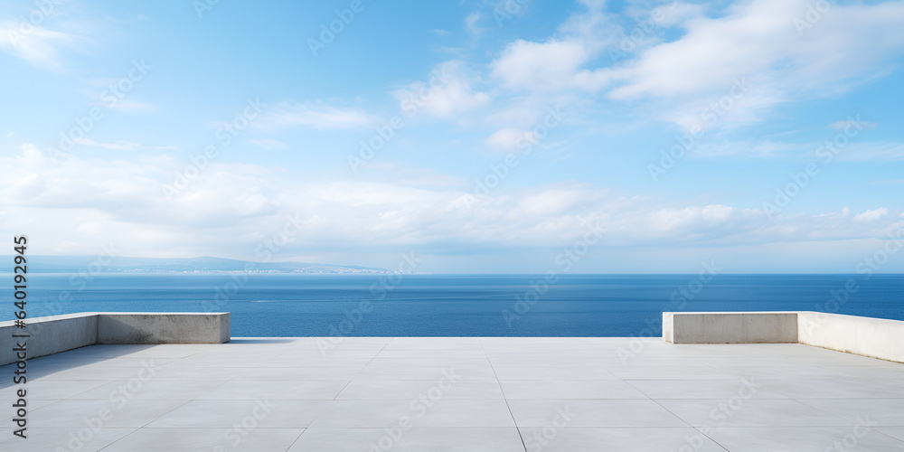   Sea background with wood floor foreground on horizon tropical sandy beach blurred beach background, Empty white plank wood table with blur blue sky and sea bokeh background. generative AI