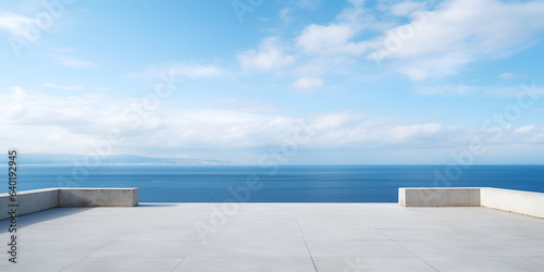  Sea background with wood floor foreground on horizon tropical sandy beach blurred beach background, Empty white plank wood table with blur blue sky and sea bokeh background. generative AI