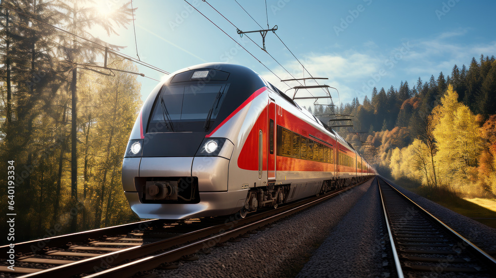 Naklejka premium Modern passenger transportation, locomotive with wagons for passengers