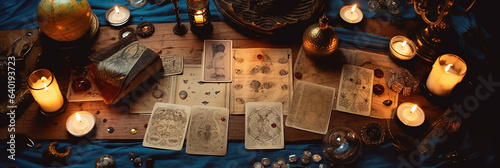 mystical ritual with candles and tarot cards, top view