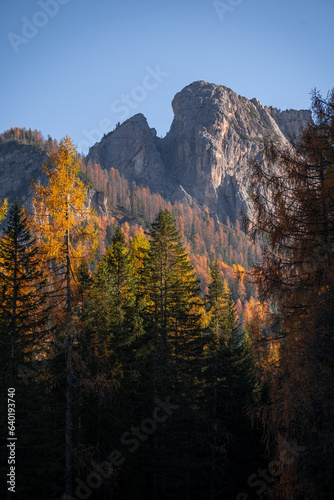 Autumn mountain landscape at Passo Giau in The Dolomites South Tyrol Italy