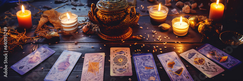 Canvas Print mystical ritual with candles and tarot cards, top view