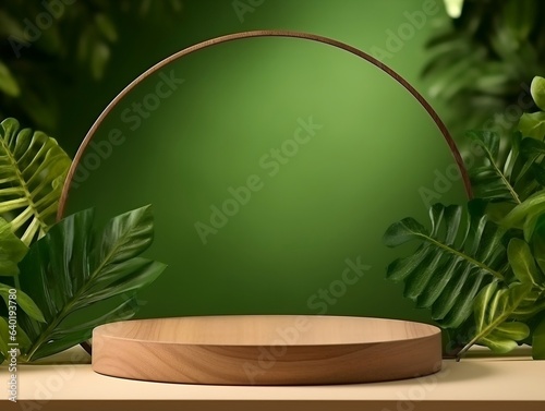 Cosmetics product advertising stand exhibition wooden podium on green background with leaves generative ai