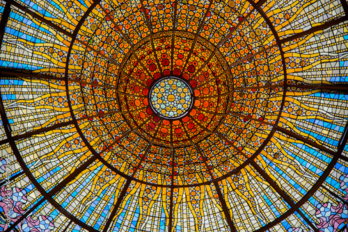 Palau de la Música Catalania:Barcelona, ​​Spain -JUNE 20 ,2023: Stained glass roofs in Palau de la Música Catalania