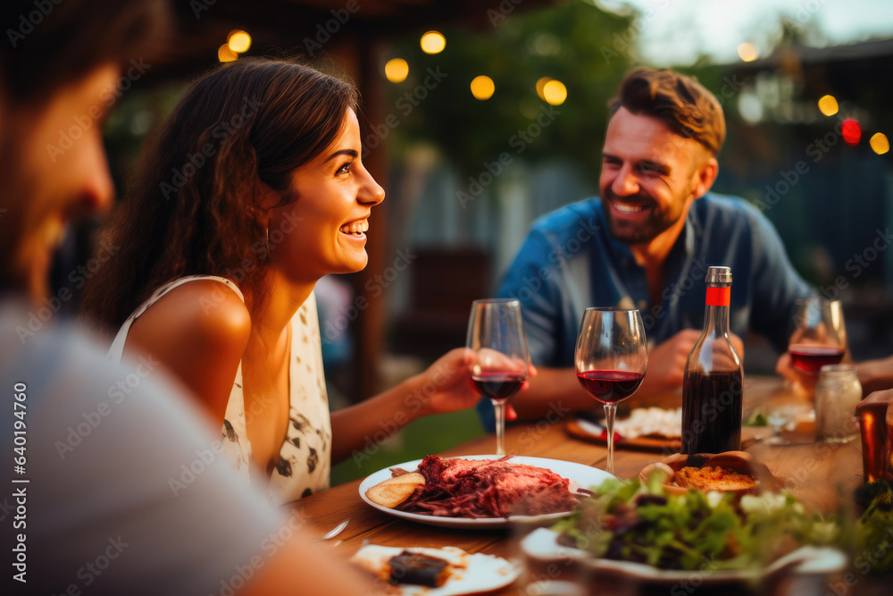 Joyful Gathering: Friends Enjoying BBQ and Red Wine
