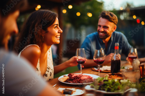 Joyful Gathering  Friends Enjoying BBQ and Red Wine