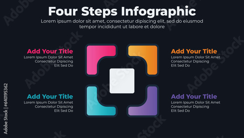 Flat banners for infographic presentation slide with 4 options or steps in dark theme