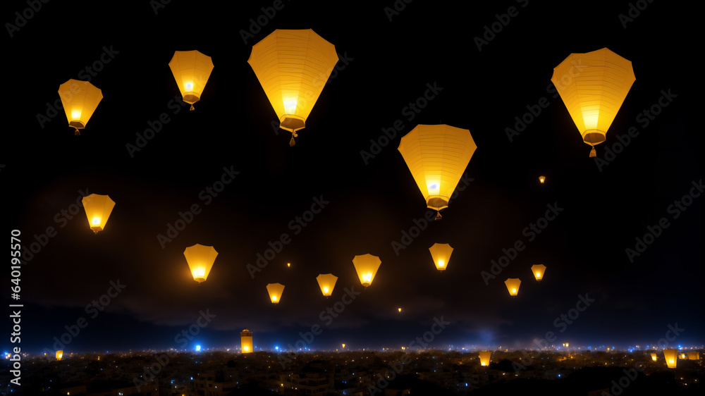 Foto de Handmade paper lantern flying in the night sky over big city