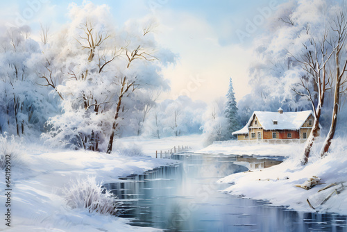 Beautiful Christmas winter landscape. Watercolor painting illustration. © Osadchyi_I