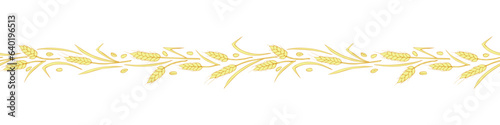 Vector edging, ribbon, border from outline golden wheat spikelets ears. Autumn ornament, seamless pattern, decorative element on theme of bakery products, flour, harvest, Thanksgiving