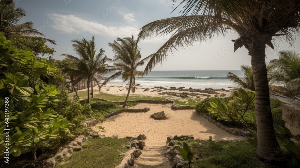 realistic photo of a beach with villa and palms