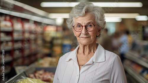 Senior woman standing in a supermarket on a blurred background © MP Studio
