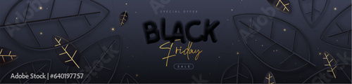 Black friday big sale poster with 3D black plastic letters and leaves on black background. Vector illustration