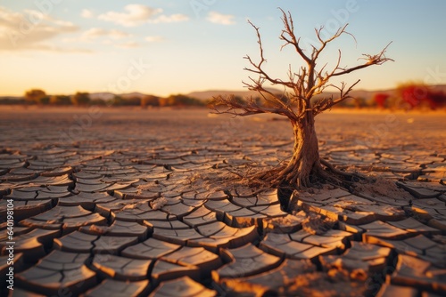 Earth day concept. Dry desert landscape with big dry tree in a cracked ground. Global warming concept. water shortage problem