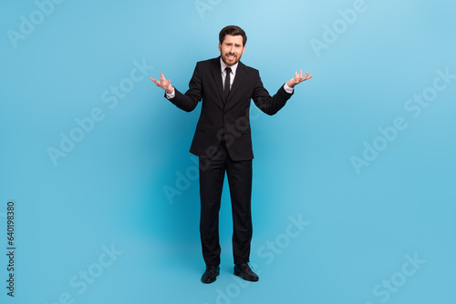 Obraz na płótnie Full body photo of confused businessman shrug shoulders wtf scandal bad mood dis