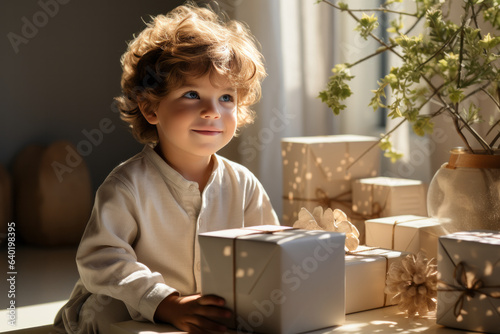 Charming boy with gift box