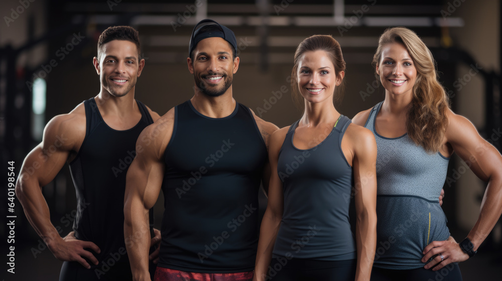 Group of athletic men and women stand together in the background of a gym