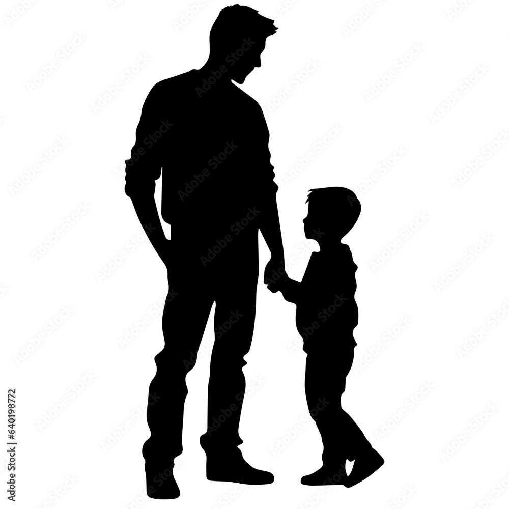 Father and son standing, silhouette vector