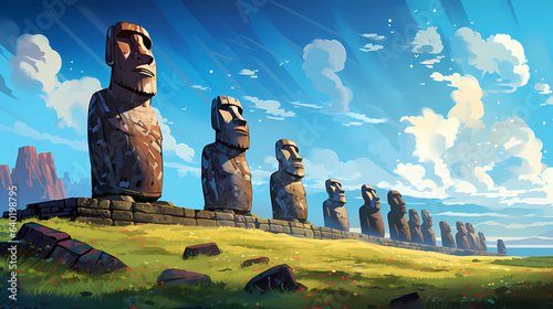 Illustration of the beautiful view of the huge statues on Easter Island, Chile photo
