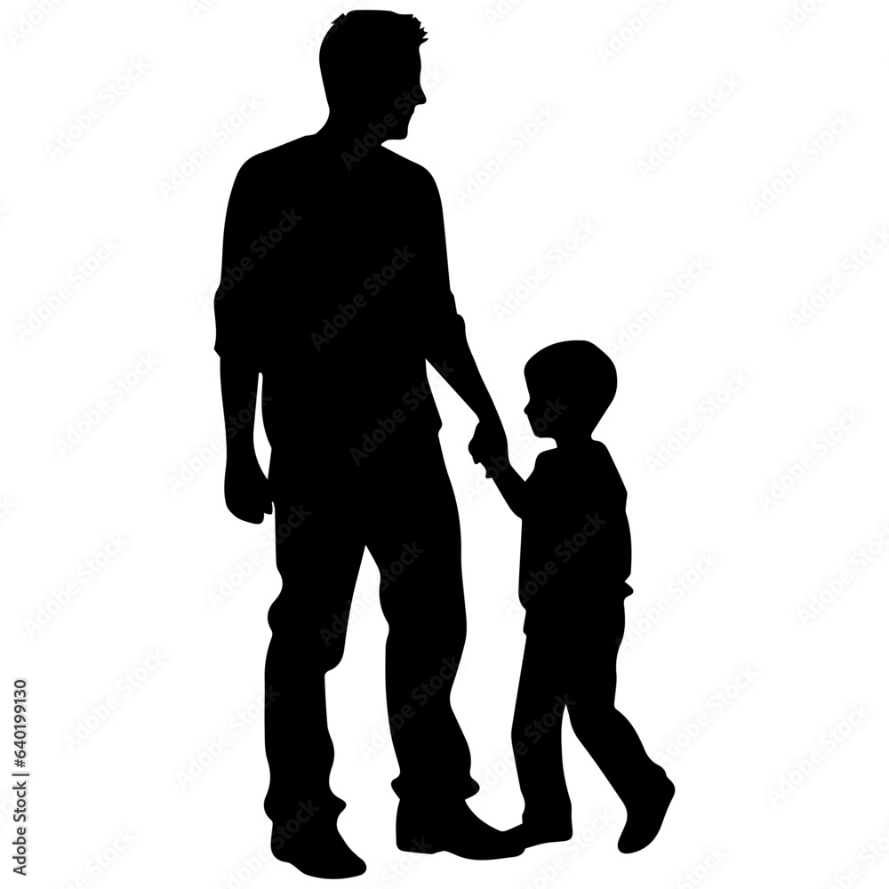 Father and son standing, silhouette vector