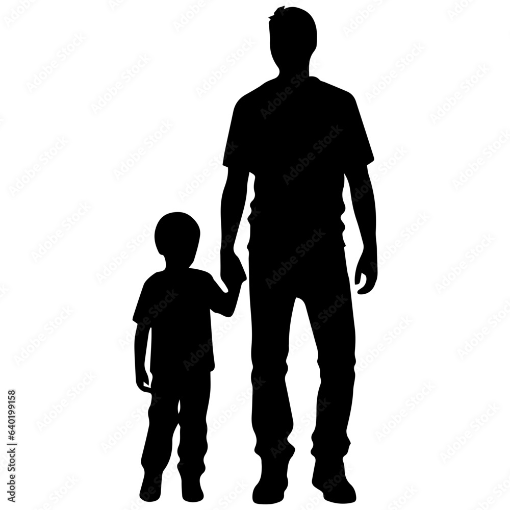 Father and son standing, silhouette vector