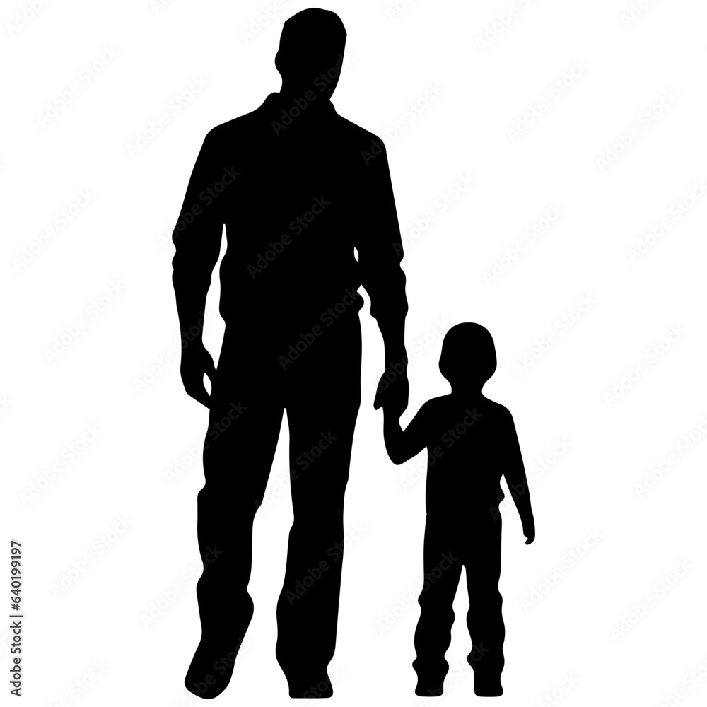 Father and son standing, silhouette vector