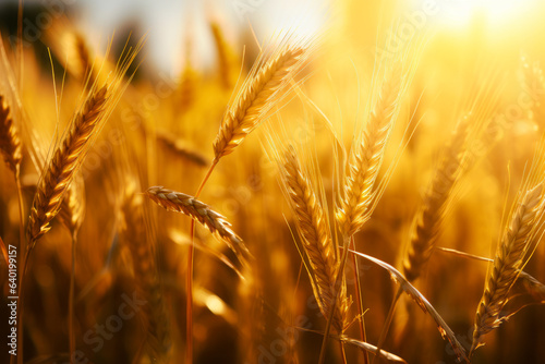 Field of wheat is shown in the sunlight with the sun shining through the ears.