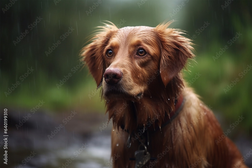 a dog is playing in the rain